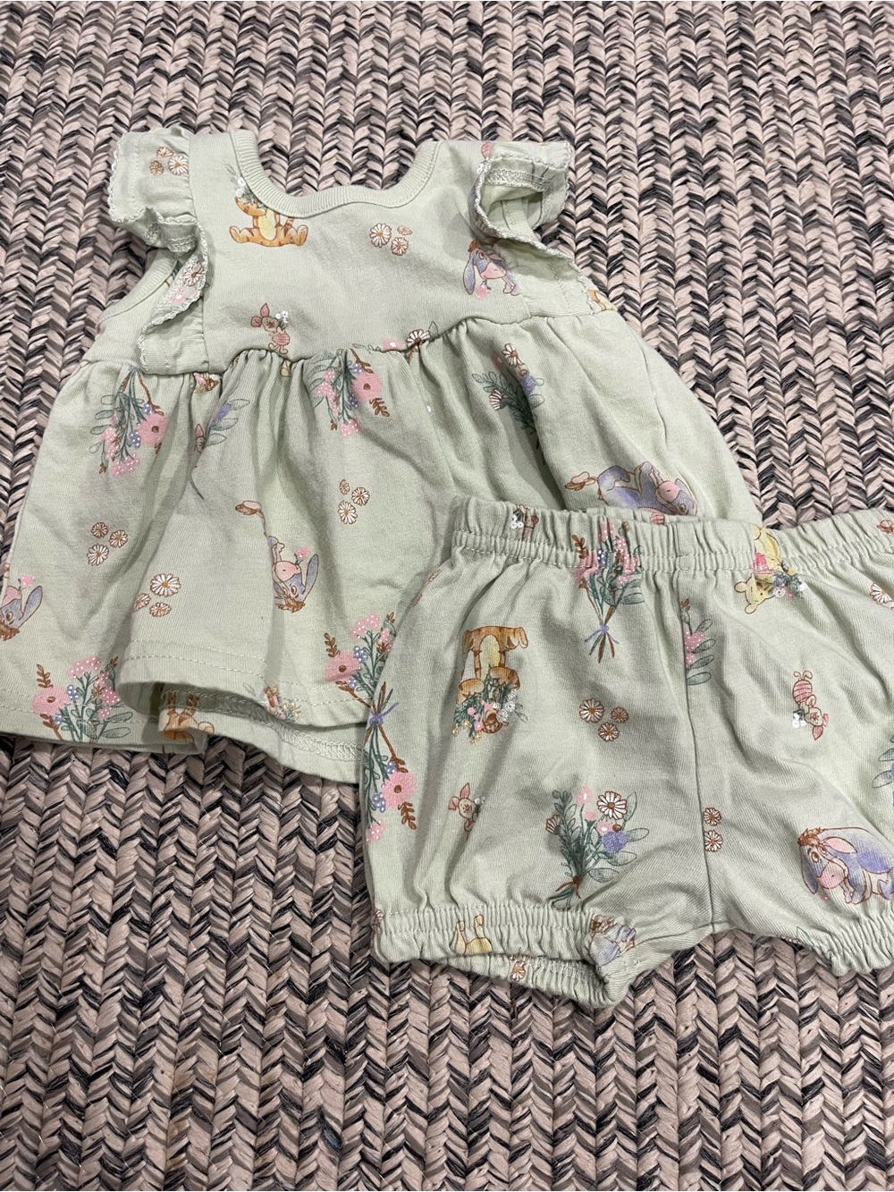 Disney Baby Light Green Floral & Character Print Dress and bloomers 0-3 months